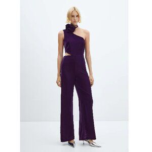 Mango MNG Velvet One-Shoulder Jumpsuit Purple Flower Wide Leg Party NWT Size XXL